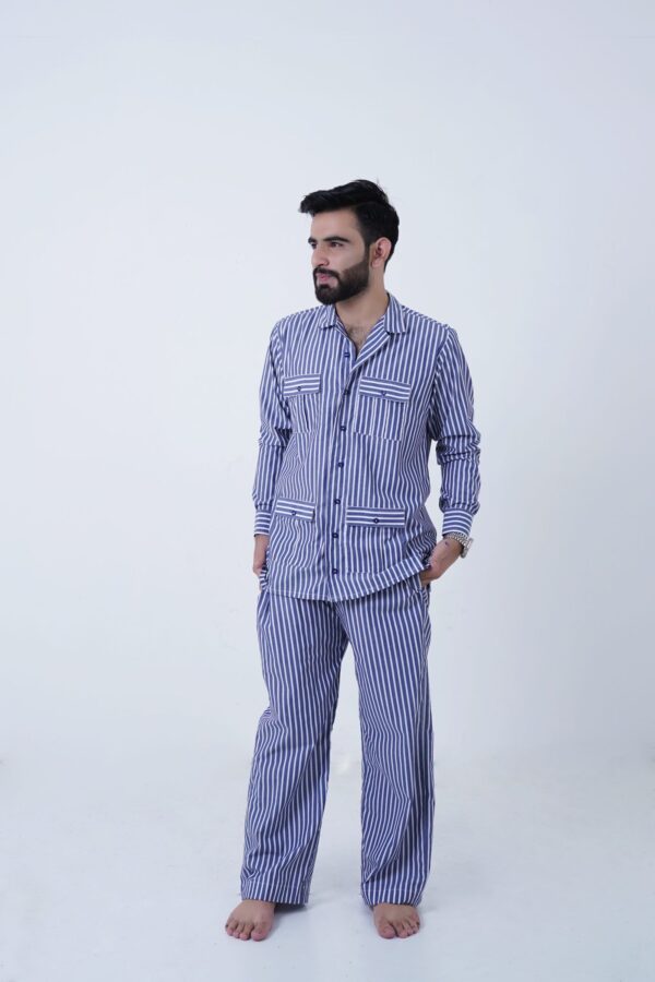 blue luxury cotton stripe printed pj set for men