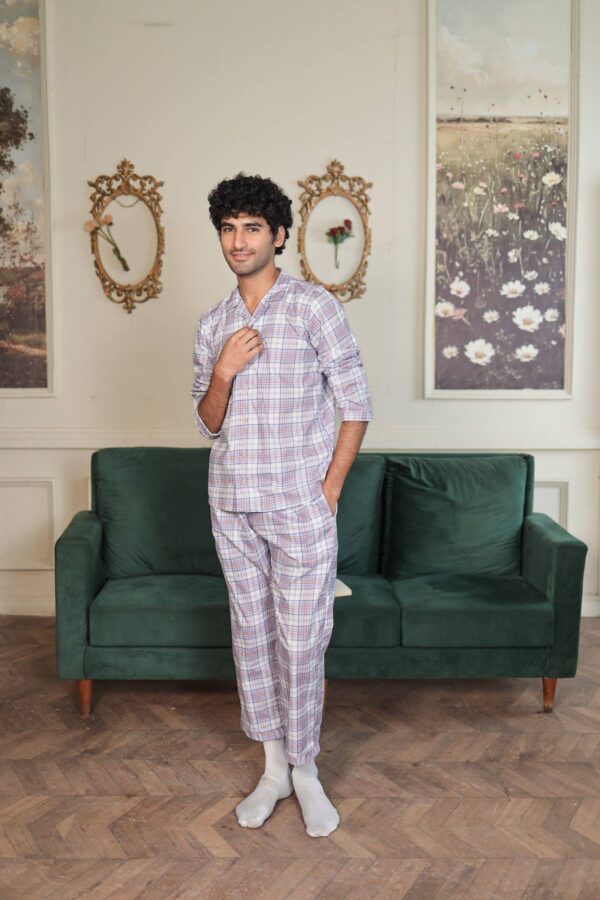 Lite Purple Cambric White Check Printed PJ Set for men