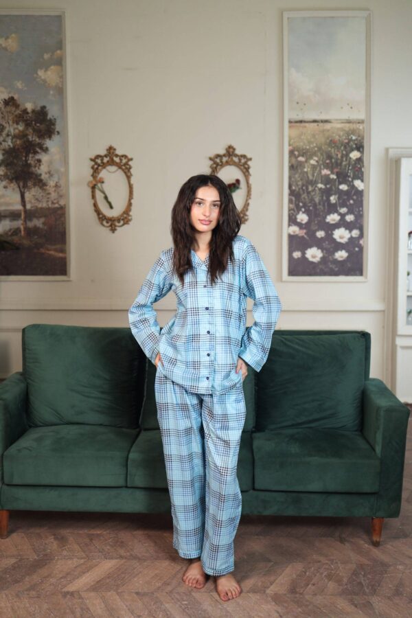 Lite blue Block Check Cambric Printed PJ Set for Women
