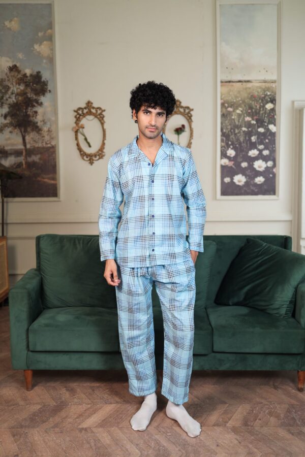 Lite blue Cambric Block Check Printed PJ Set for men