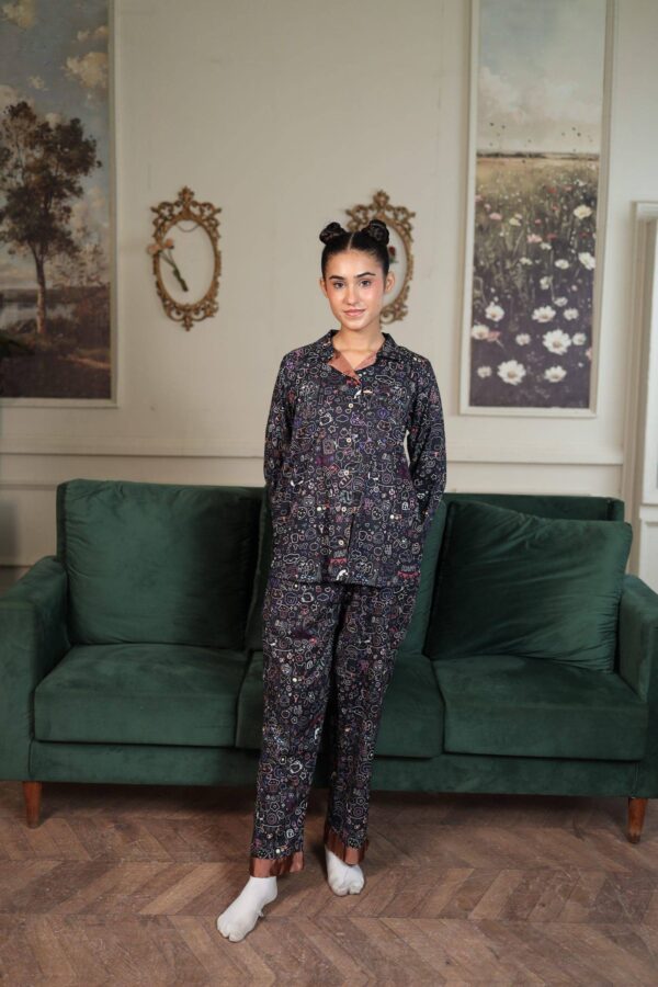 Black Cambric Bloom Printed PJ Set for Women