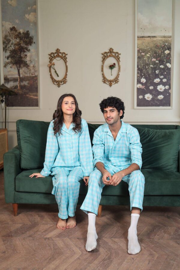Sky blue Cambric Midnight Printed PJ Set for Couple