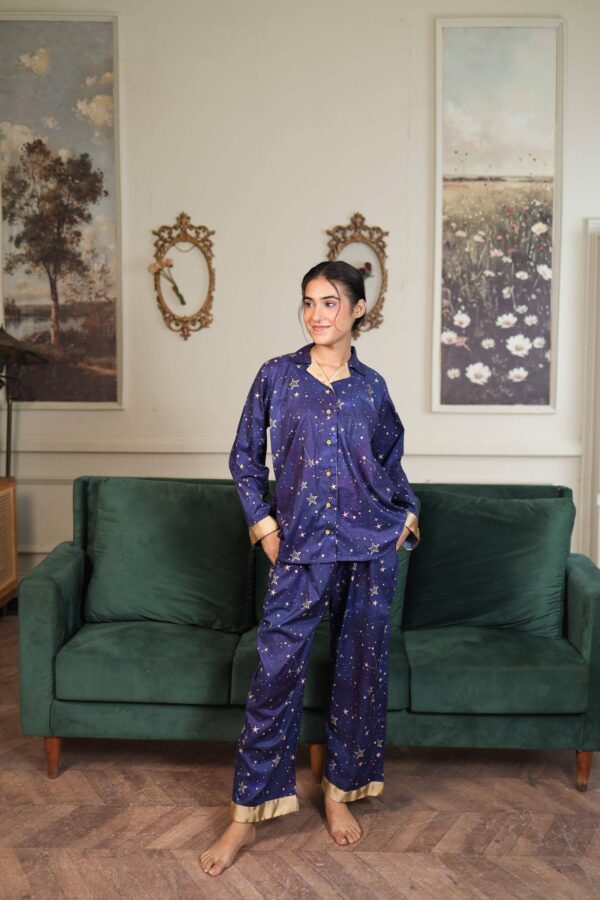 Royal Blue Cambric Sky Star Printed PJ Set for Women