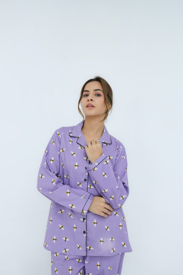 Lite Purple Winter Cotton Bee Printed PJ Set for Women