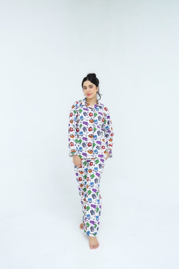 White Winter Cotton Toy Train Printed PJ Set for Women