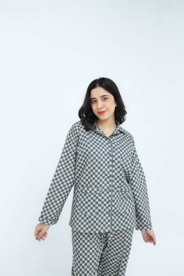 Grey Winter Cotton Gingham Check Printed PJ Set for Women